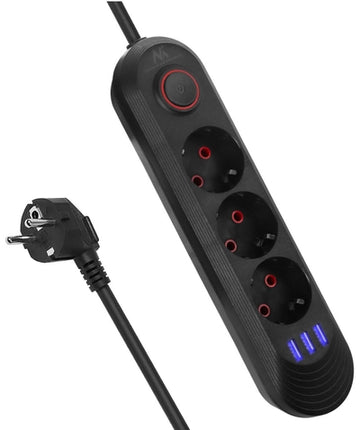 KABLLO VAZHDUESE Maclean strip, 3-socket extension cable + 3xUSB 1.5M BLACK